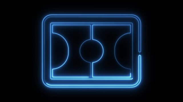 Glowing blue neon light outline of a rectangular sports court with rounded corners and a center circle isolated on a dark black background