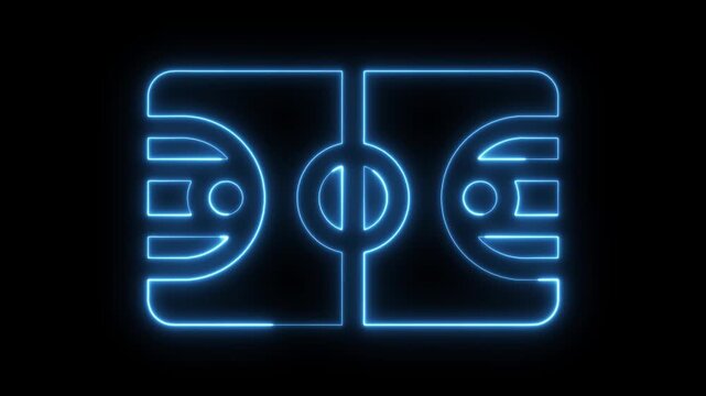 Neon basketball court diagram glowing white lines on black grid background digital animation abstract sports strategy planning game analysis technology concept.