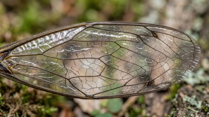 Fototapeta premium Macro photography of a delicate insect wing with intricate venation patterns, detailed transparent texture of a crane fly wing, nature biology background for science