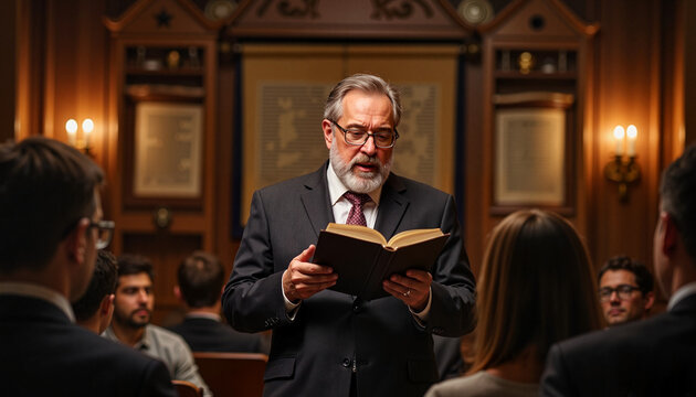 An elderly rabbi reads from the Torah, addressing an audience in a formal setting.