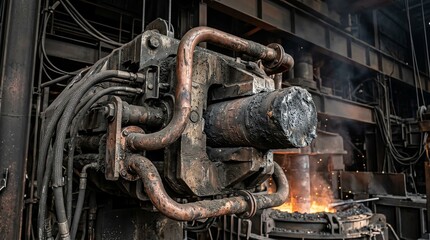 Fototapeta premium Industrial Machinery with Metal Components and Sparks in a Factory Setting.