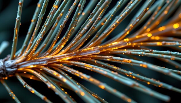 The image depicts a close up view of a bundle of thin, elongated strands radiating outward from a central point