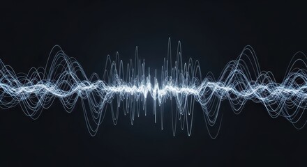Obraz premium Dynamic glowing soundwave visualization with intricate blue and white patterns on a dark background