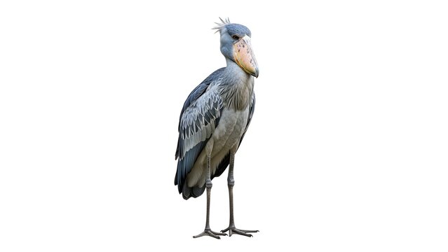A large grey shoebill stork with a distinctive large yellow and black beak stands tall on white