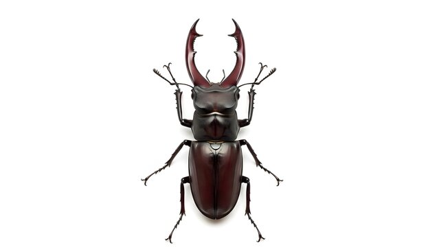 A large stag beetle with prominent red-brown mandibles is isolated on a white background