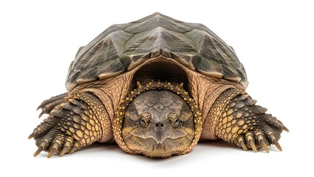 A large snapping turtle with a textured shell and scaly skin faces forward on a white background