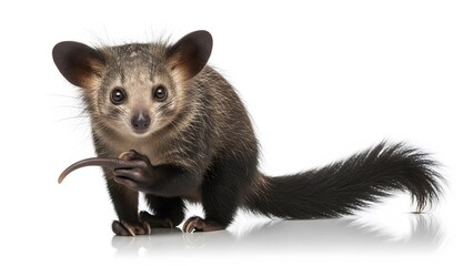 Fototapeta premium A small aye-aye with large ears and a long finger holding a twig on a white background