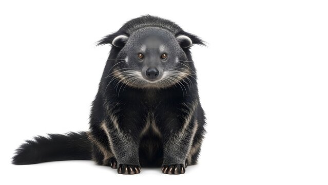 A Single Binturong Sitting Facing Forward With Bushy Tail On White Background (638