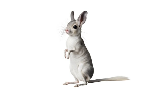 A small grey jerboa rodent with large ears and a long tail stands on its hind legs on a white