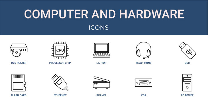 Set of 10 outline web Computer and Hardware icons such as pc tower, vga, scaner, ethernet, flash card, usb, headphone vector icons for report, presentation, diagram, web design, mobile app