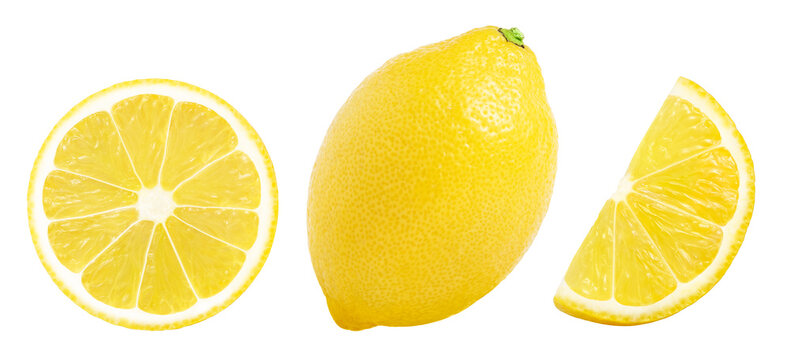 lemons fruits collection, slice and half of lemon isolated on white background, fresh Juicy lemons set with clipping path.