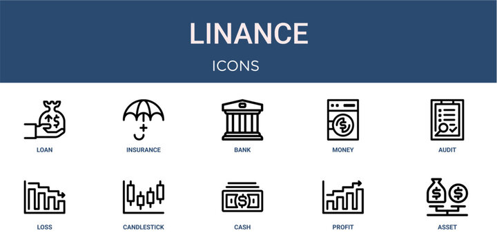 Set of 10 outline web Linance icons such as asset, profit, cash, candlestick chart, loss, audit, money laundering vector icons for report, presentation, diagram, web design, mobile app