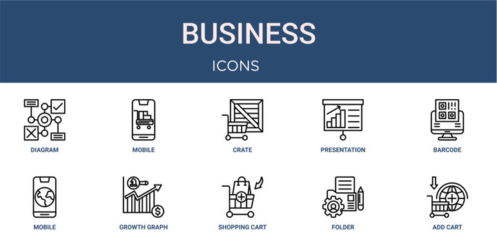 Set of 10 outline web Business icons such as add cart, folder, shopping cart, growth graph, mobile, barcode, presentation vector icons for report, presentation, diagram, web design, mobile app