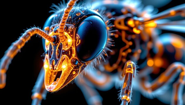 The image depicts a highly detailed, futuristic representation of a robotic or cybernetic insect, resembling a wasp or bee