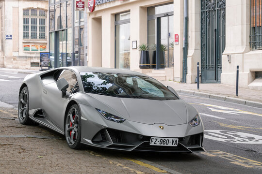 Nancy, France - June 3rd 2026 : View on a matte grey Lamborghini Hurac&aacute;n EVO parked on a street.