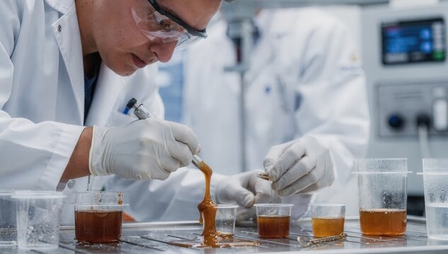 Researcher examining adhesive performance after cold storage analyzing changes in viscosity and consistency in a climatecontrolled lab setting.