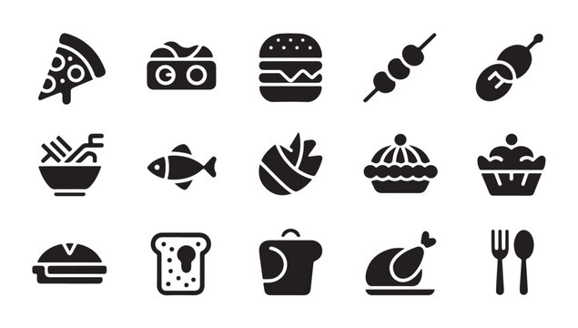 Delicious food snack and meal icons including pizza slice burger fish and poultry items.