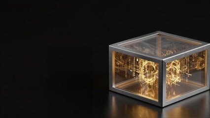 Fototapeta premium Golden circuitry inside a transparent cube, glowing softly against dark background.