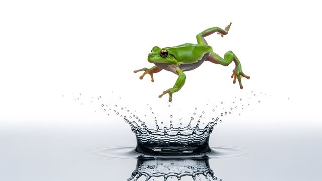 Bright green frog leaps out of a water splash on a clean white background jumping frog
