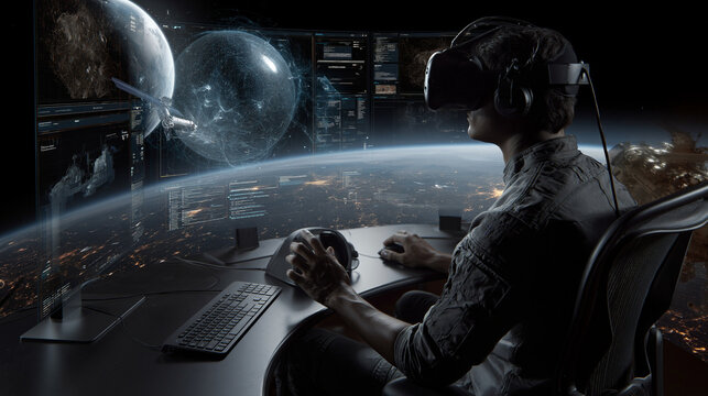Man using virtual reality headset while exploring space on desktop. VR interface for mission control