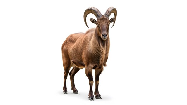 Brown male Barbary sheep with large curved horns standing on a white background animal