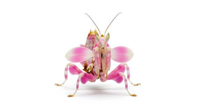 Close up of a pink orchid mantis with delicate petal-like wings and raptorial forelegs on white
