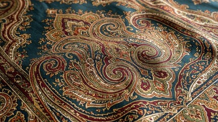 Fototapeta premium Intricate Paisley Pattern Fabric Texture in Deep Teal and Burgundy Tones for Luxury Textile Design and Vintage Fashion Backgrounds