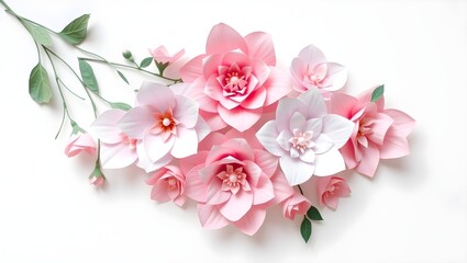 Fototapeta premium Delicate Pink and White Paper Flowers Arrangement on White Background