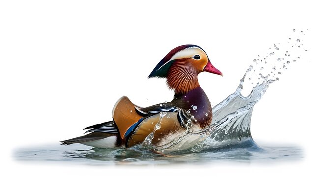 Colorful mandarin duck swims through water creating a dynamic splash with droplets