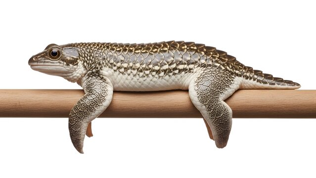 Detailed lizard with patterned scales resting on a wooden perch against a white background