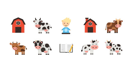 Farm animals with red barns and educational notebook © lamiring
