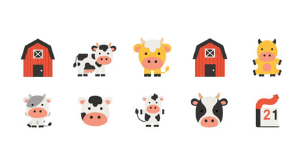 Farm life icons featuring cows and red barns © lamiring