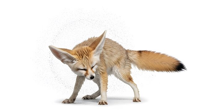 Fennec fox shaking its head vigorously with water droplets flying off its fur desert fox