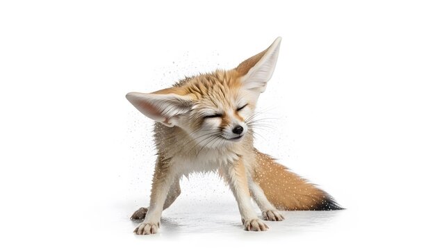 Fennec Fox Shaking Water Off Its Fur with Ears Perked on White Background desert fox