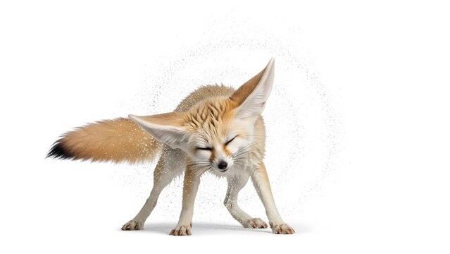 Fennec Fox Shakes Head with Eyes Closed and Ears Perked Isolated on White (990