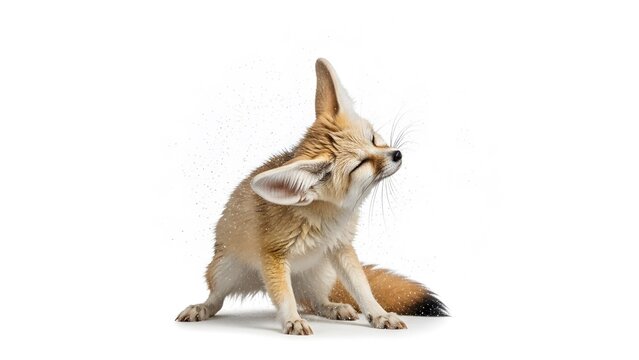 Fennec fox with large ears and closed eyes shakes its head scattering dust particles on white