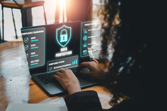Modern office setting showcasing data privacy compliance with a focus on digital security and protection.