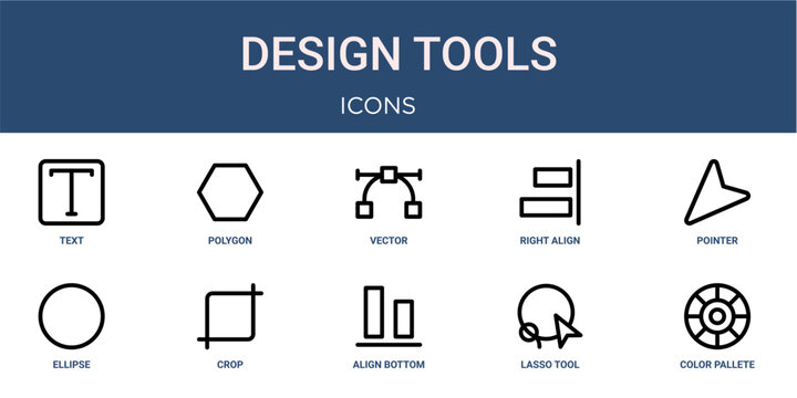 Set of 10 outline web Design Tools icons such as color pallete, lasso tool, align bottom, crop, ellipse, pointer, right align vector icons for report, presentation, diagram, web design, mobile app