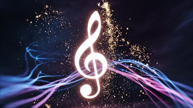 Glowing musical treble clef with sparkles