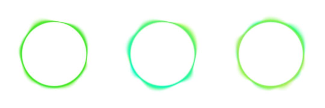 Green abstract radio wave circle on dark background. Luminous circular frame with flowing neon lines pattern representing digital sound frequency, music track or smart voice control PNG.