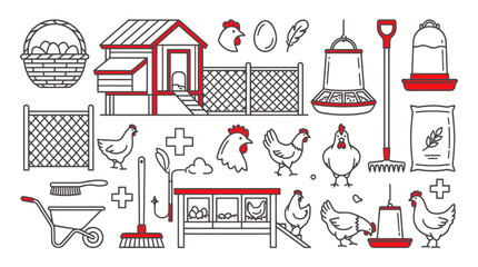 Poultry farm icon set with chickens coops and equipment © titik