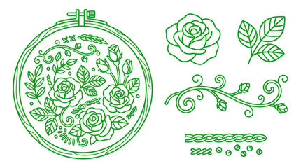 Floral embroidery hoop with roses and botanical line art elements © titik