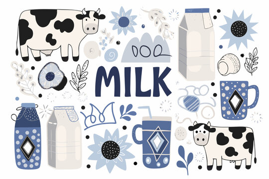 Dairy Milk Product Illustration Set Blue And Black Vector Graphics