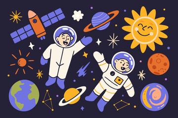 Space exploration scene with astronauts planets and suns vector illustration © Vector Craft