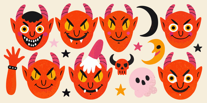 Red Devil And Demon Character Collection Hand drawn Vector Illustration