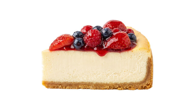 Classic New York cheesecake slice with fresh berry topping, creamy vanilla cheese cake dessert, gourmet bakery pastry with strawberries and blueberries isolated PNG with Transparent Background