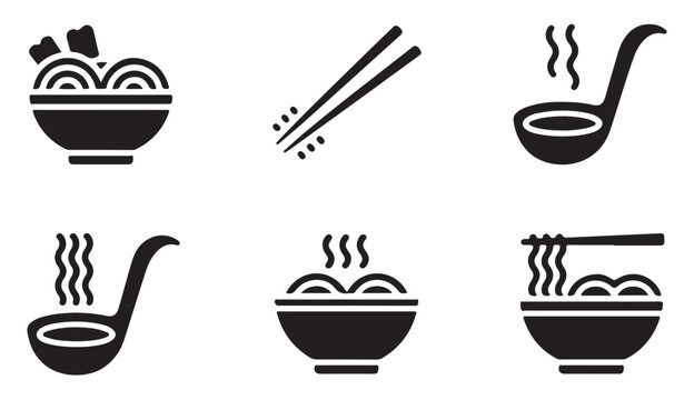 Minimalist asian noodle soup icons showing bowls with steam and various kitchen utensils.