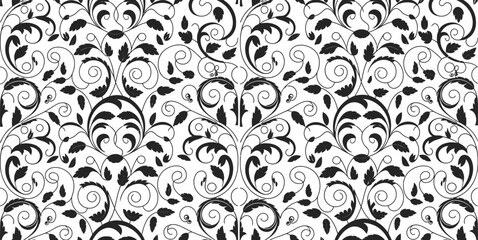 Obraz premium Floral Seamless Pattern Featuring Black and White Botanical Elements for Surface Design, Textile Prints, Packaging, and Decorative Backgrounds
