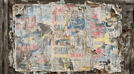 Fototapeta premium Weathered Torn Poster Layers on Rustic Wooden Wall Texture Background for Urban Grunge Design Projects and Vintage Street Art Aesthetic Backdrop