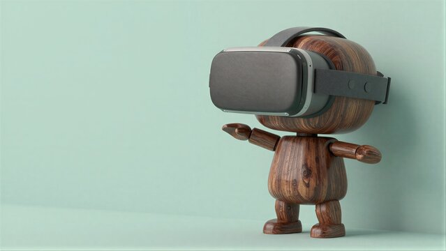 Wooden robot wearing VR headset, standing against mint green background.